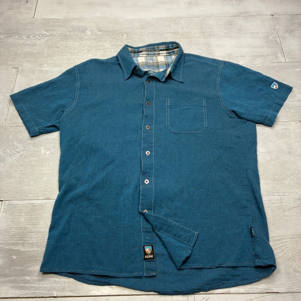 Kuhl Tropik Shirt Mens Large Blue Short Sleeve Organic Cotton Textured Button Up